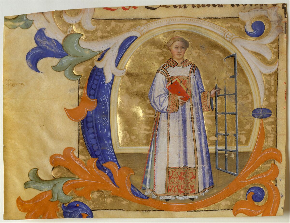 Manuscript Illumination with Saint Lawrence in an Initial C, from a Gradual, Don Simone Camaldolese  Italian, Florentine, Tempera, ink and gold on parchment, Italian