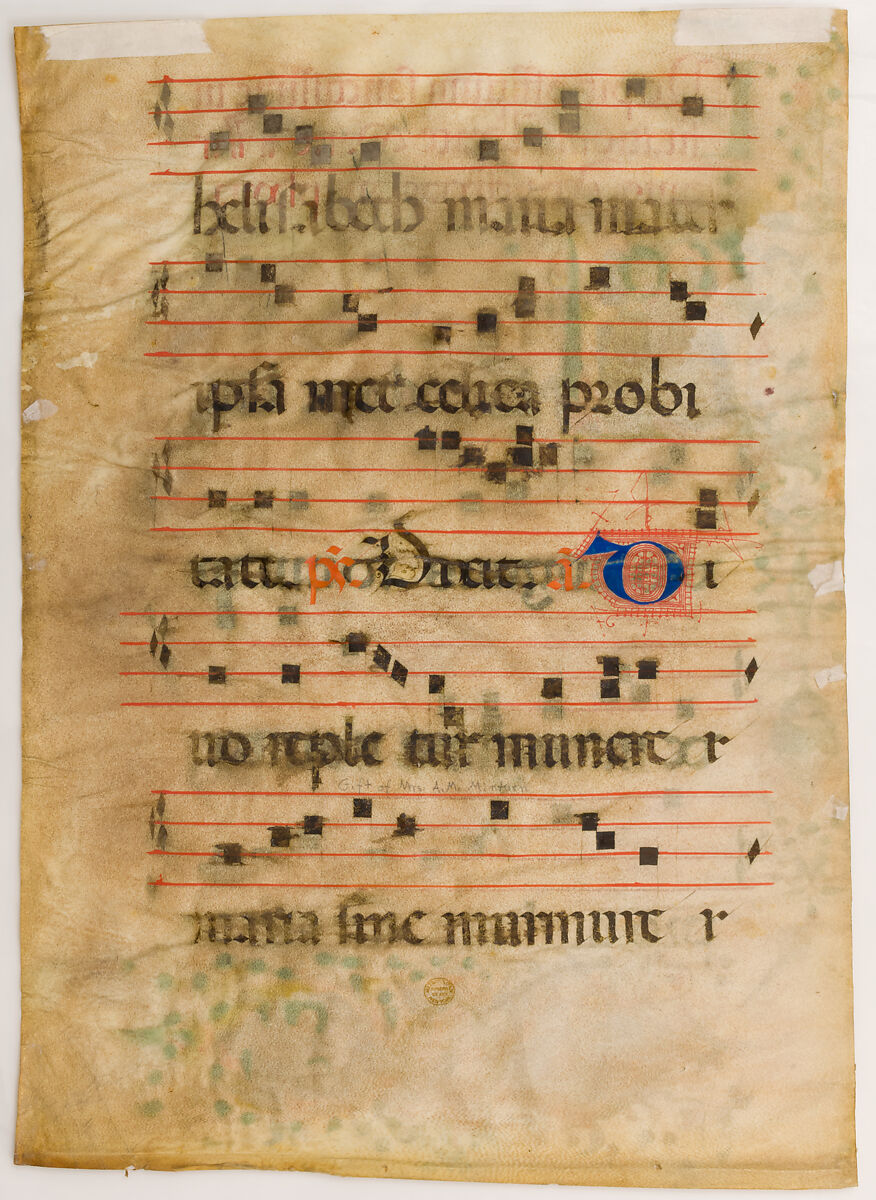 Manuscript Leaf with the Visitation in an Initial A and Cardinal Adam Easton with a Dominican Saint and Saint Dominic, from an Antiphonary, Tempera, ink and gold on parchment, Italian