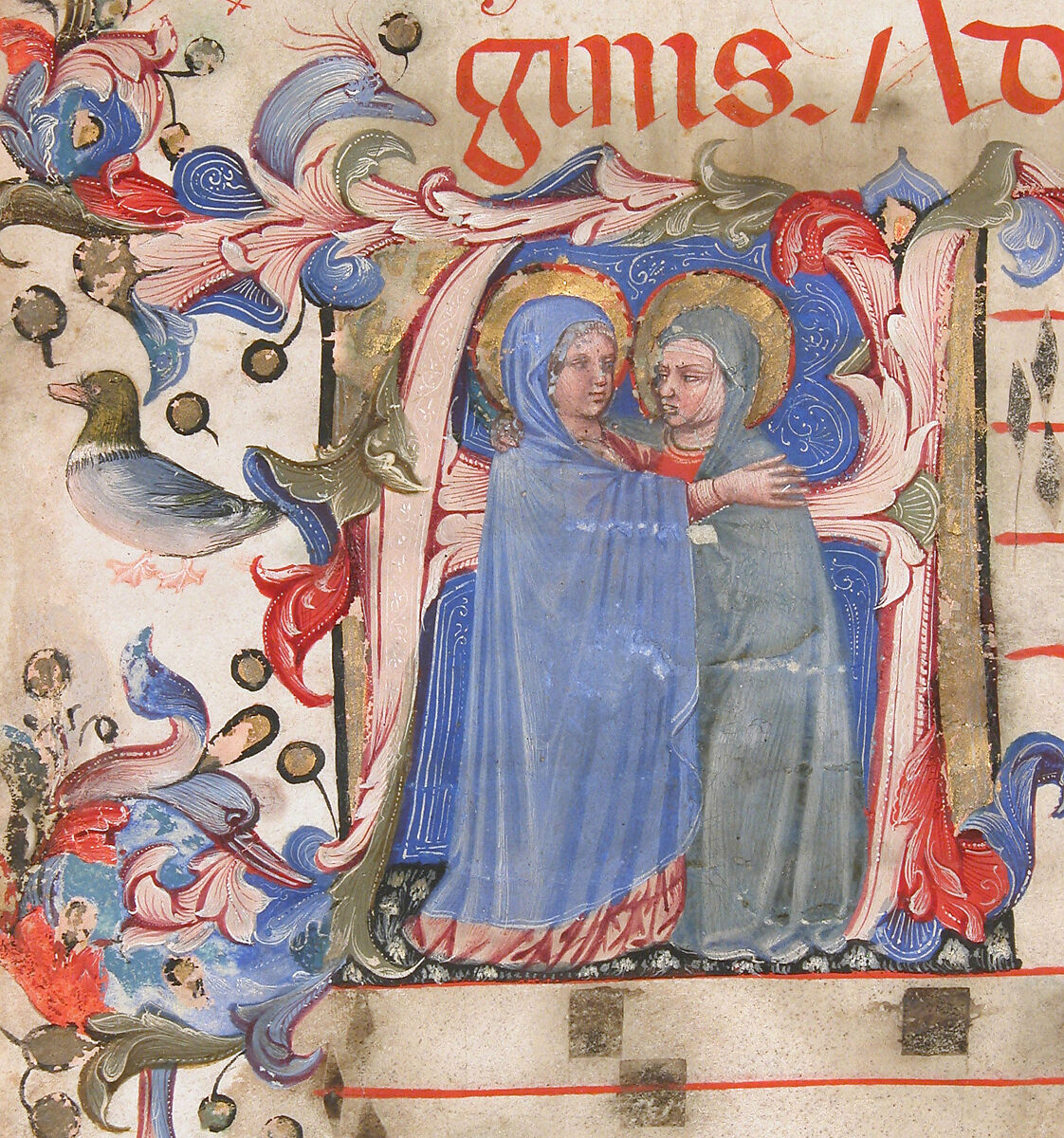 Manuscript Leaf with the Visitation in an Initial A and Cardinal Adam Easton with a Dominican Saint and Saint Dominic, from an Antiphonary, Tempera, ink and gold on parchment, Italian