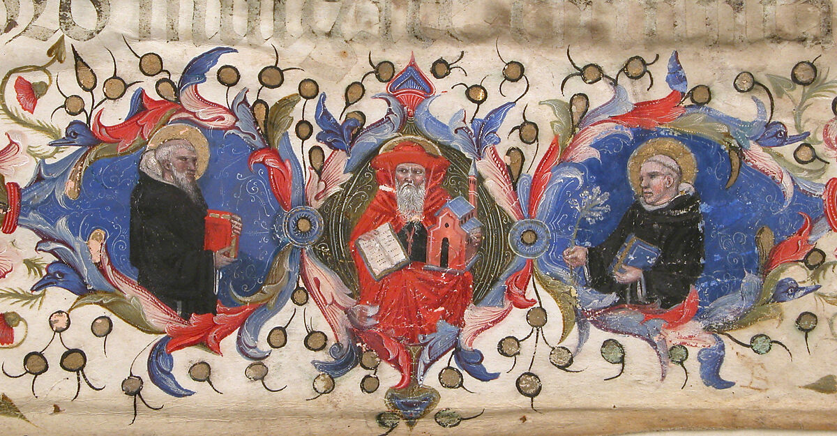 Manuscript Leaf with the Visitation in an Initial A and Cardinal Adam Easton with a Dominican Saint and Saint Dominic, from an Antiphonary, Tempera, ink and gold on parchment, Italian