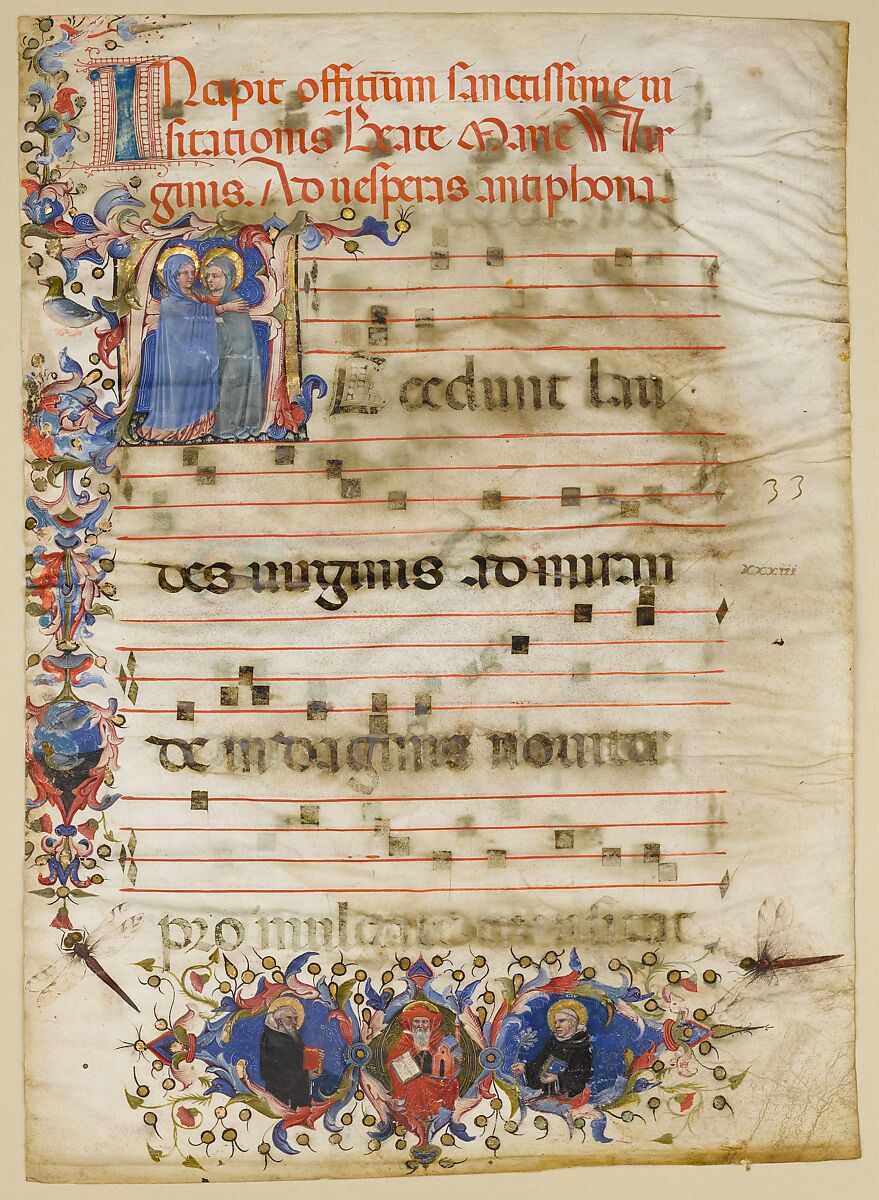 Manuscript Leaf with the Visitation in an Initial A and Cardinal Adam Easton with a Dominican Saint and Saint Dominic, from an Antiphonary, Tempera, ink and gold on parchment, Italian