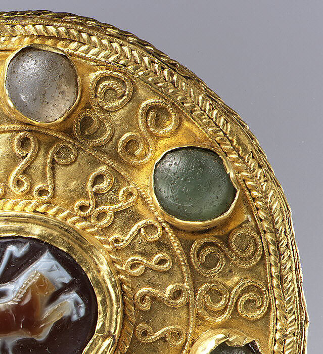 Disk Brooch with Cameo, Sheet gold, onyx, glass, and wire, Langobardic (mount); Roman (cameo)
