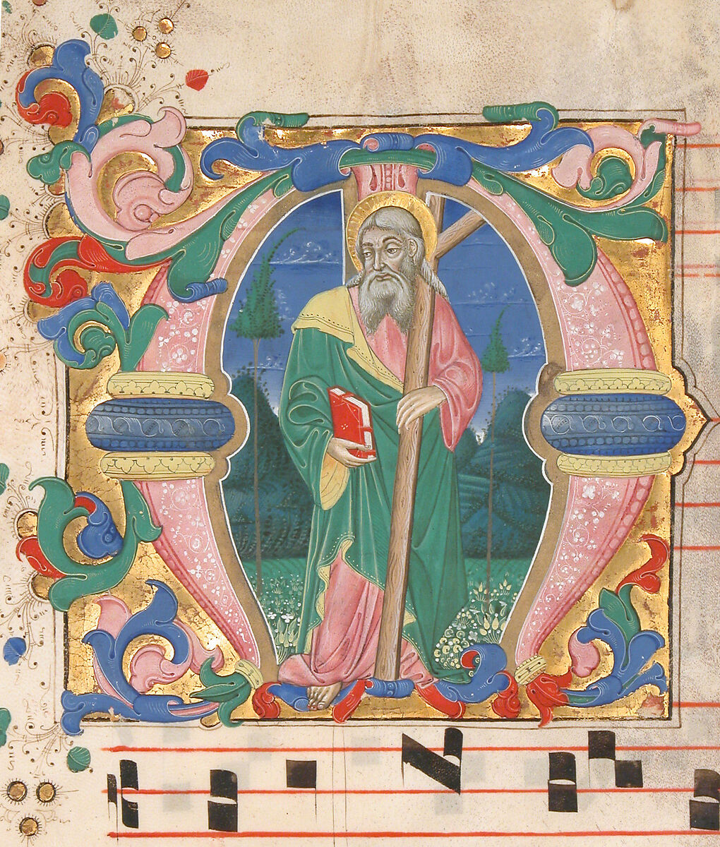 Manuscript Leaf with the Feast of Saint Andrew in an Initial M, from an Antiphonary, Master of the Riccardiana Lactantius, Tempera, ink, and gold on parchment, Italian