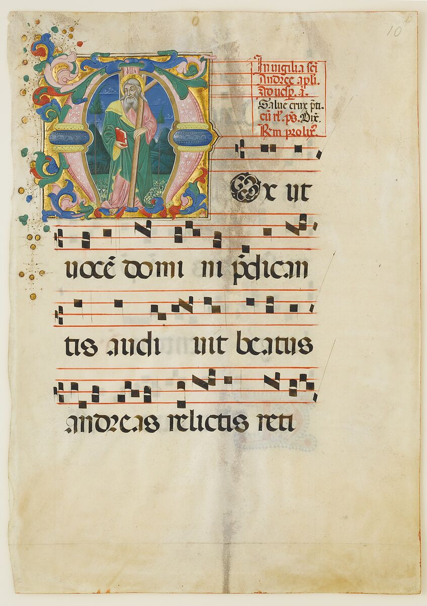 Manuscript Leaf with the Feast of Saint Andrew in an Initial M, from an Antiphonary, Master of the Riccardiana Lactantius, Tempera, ink, and gold on parchment, Italian 