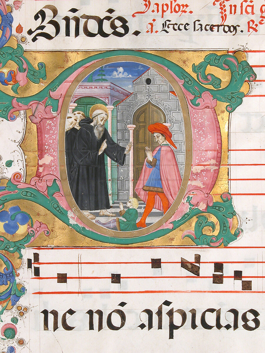 Manuscript Leaf with Saint Benedict Resuscitating a Boy in an Initial D, from an Antiphonary, Master of the Riccardiana Lactantius, Tempera, ink, and gold on parchment, Italian