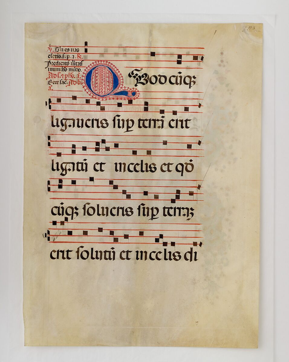 Manuscript Leaf with Saint Benedict Resuscitating a Boy in an Initial D, from an Antiphonary, Master of the Riccardiana Lactantius, Tempera, ink, and gold on parchment, Italian