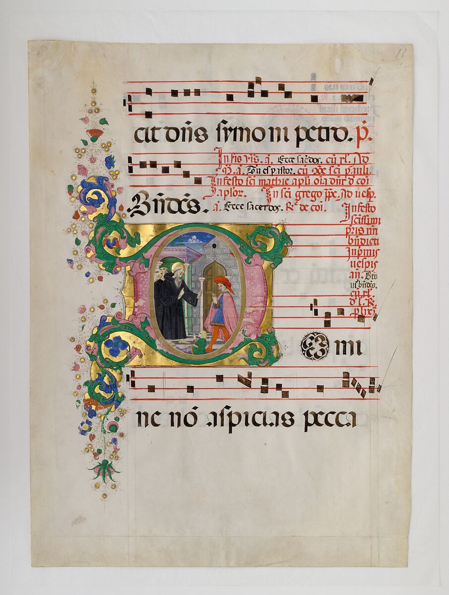 Manuscript Leaf with Saint Benedict Resuscitating a Boy in an Initial D, from an Antiphonary, Master of the Riccardiana Lactantius, Tempera, ink, and gold on parchment, Italian 