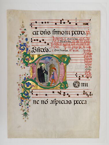 Manuscript Leaf with Saint Benedict Resuscitating a Boy in an Initial D, from an Antiphonary