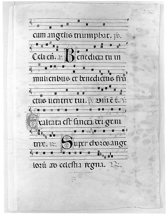 Manuscript Leaf with the Assumption of the Virgin in an Initial V, from an  Antiphonary, Niccolò di ser Sozzo (Italian, Siena, active ca. 1334, died 1363), Tempera, ink, and gold on parchment, Italian