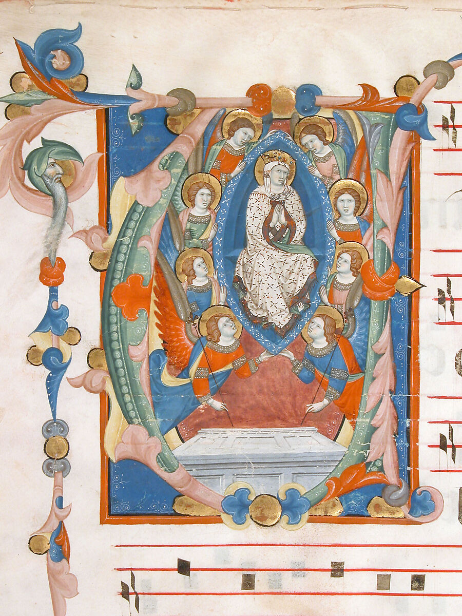 Manuscript Leaf with the Assumption of the Virgin in an Initial V, from an  Antiphonary, Niccolò di ser Sozzo (Italian, Siena, active ca. 1334, died 1363), Tempera, ink, and gold on parchment, Italian