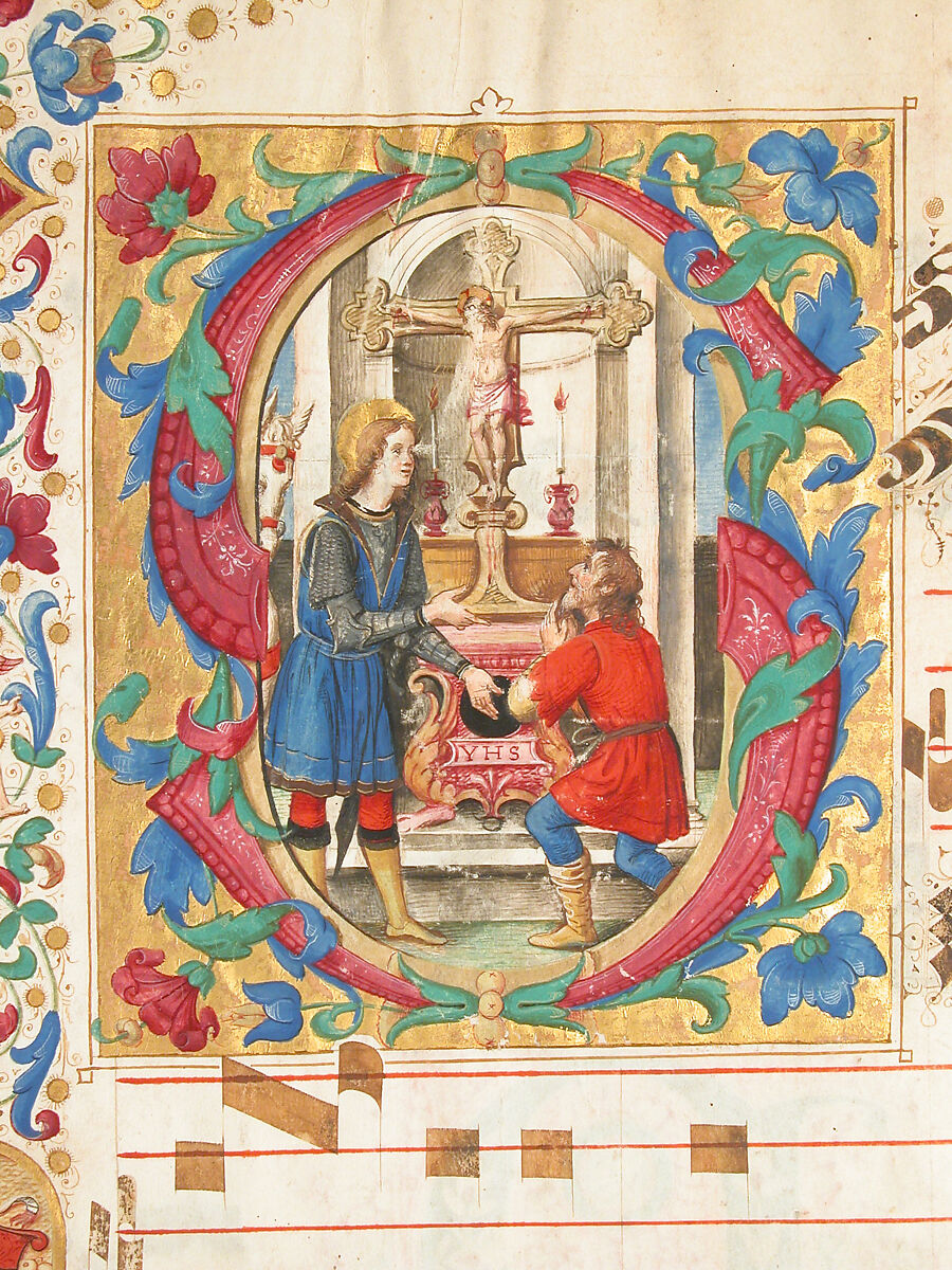 Manuscript Leaf with Saint John Gualbert in an Initial S, from an Antiphonary, Tempera, ink, and gold on parchment, Italian