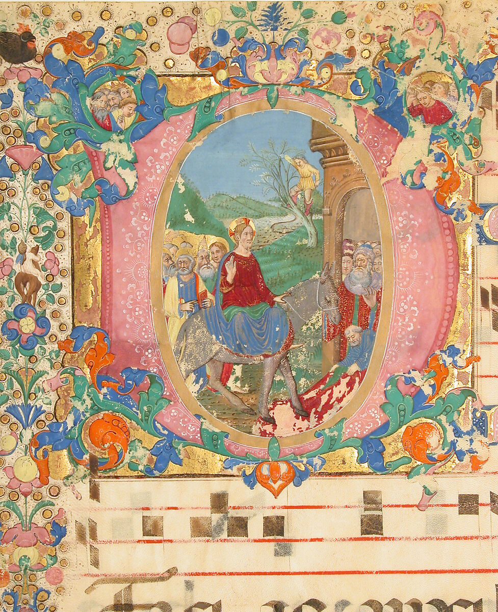 Manuscript Leaf with Entry into Jerusalem on Palm Sunday in an Initial D, from a Gradual, Bartolomeo di Domenico di Guido (Italian, 1430–1521), Tempera, ink, and gold on parchment, Italian