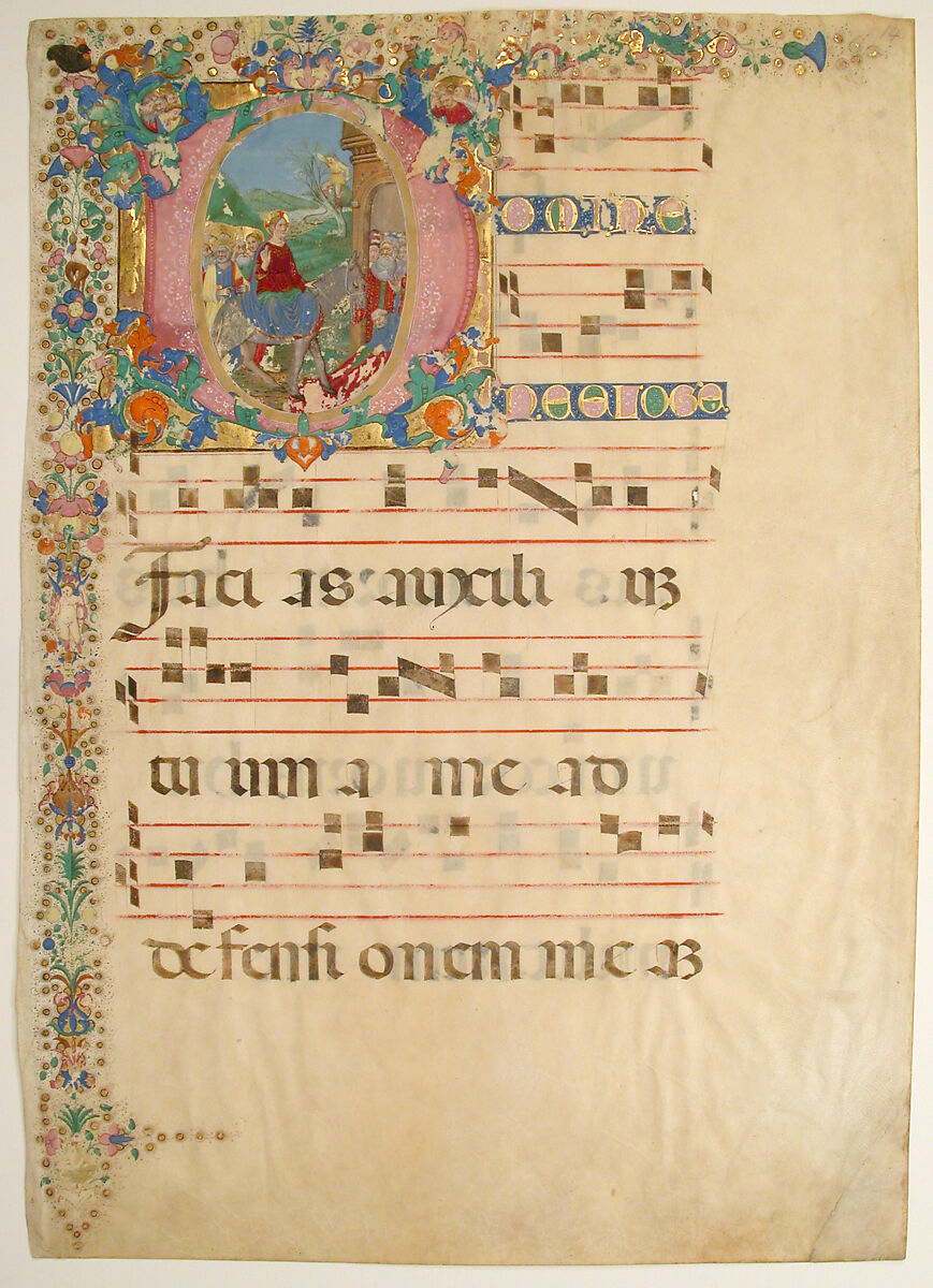 Manuscript Leaf with Entry into Jerusalem on Palm Sunday in an Initial D, from a Gradual, Bartolomeo di Domenico di Guido (Italian, 1430–1521), Tempera, ink, and gold on parchment, Italian