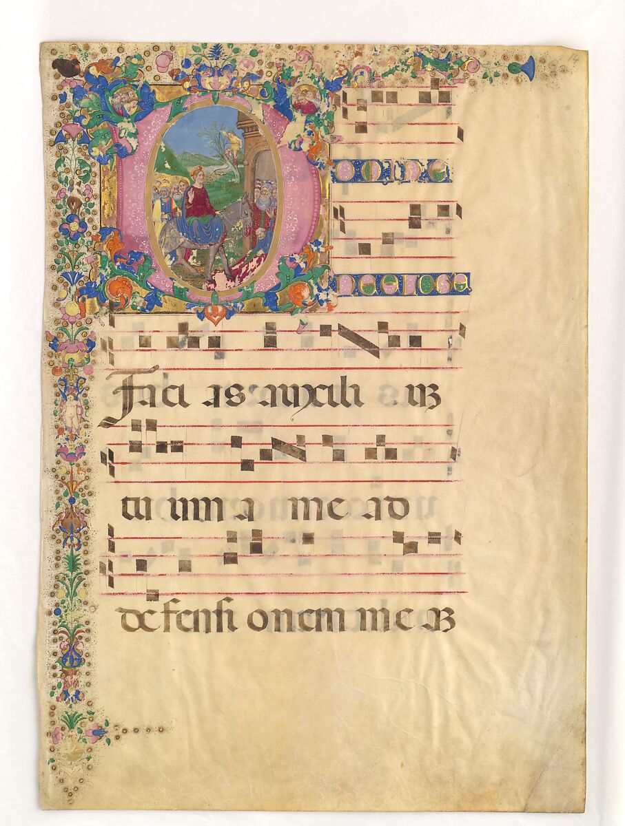 Manuscript Leaf with Entry into Jerusalem on Palm Sunday in an Initial D, from a Gradual, Bartolomeo di Domenico di Guido (Italian, 1430–1521), Tempera, ink, and gold on parchment, Italian 