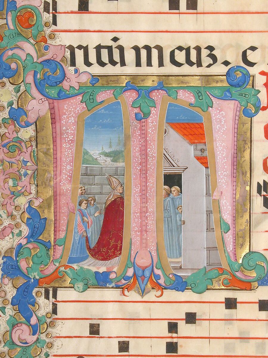 Manuscript Leaf with the Dedication of a Church in an Initial T, from a Gradual, Mariano del Buono (Italian, 1433–1504), Tempera, ink, and gold on parchment, Italian