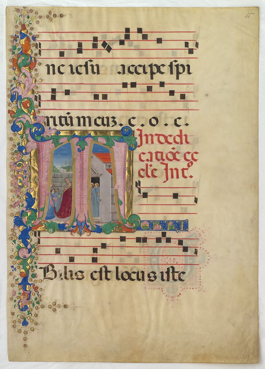 Manuscript Leaf with the Dedication of a Church in an Initial T, from a Gradual, Mariano del Buono (Italian, 1433–1504), Tempera, ink, and gold on parchment, Italian 