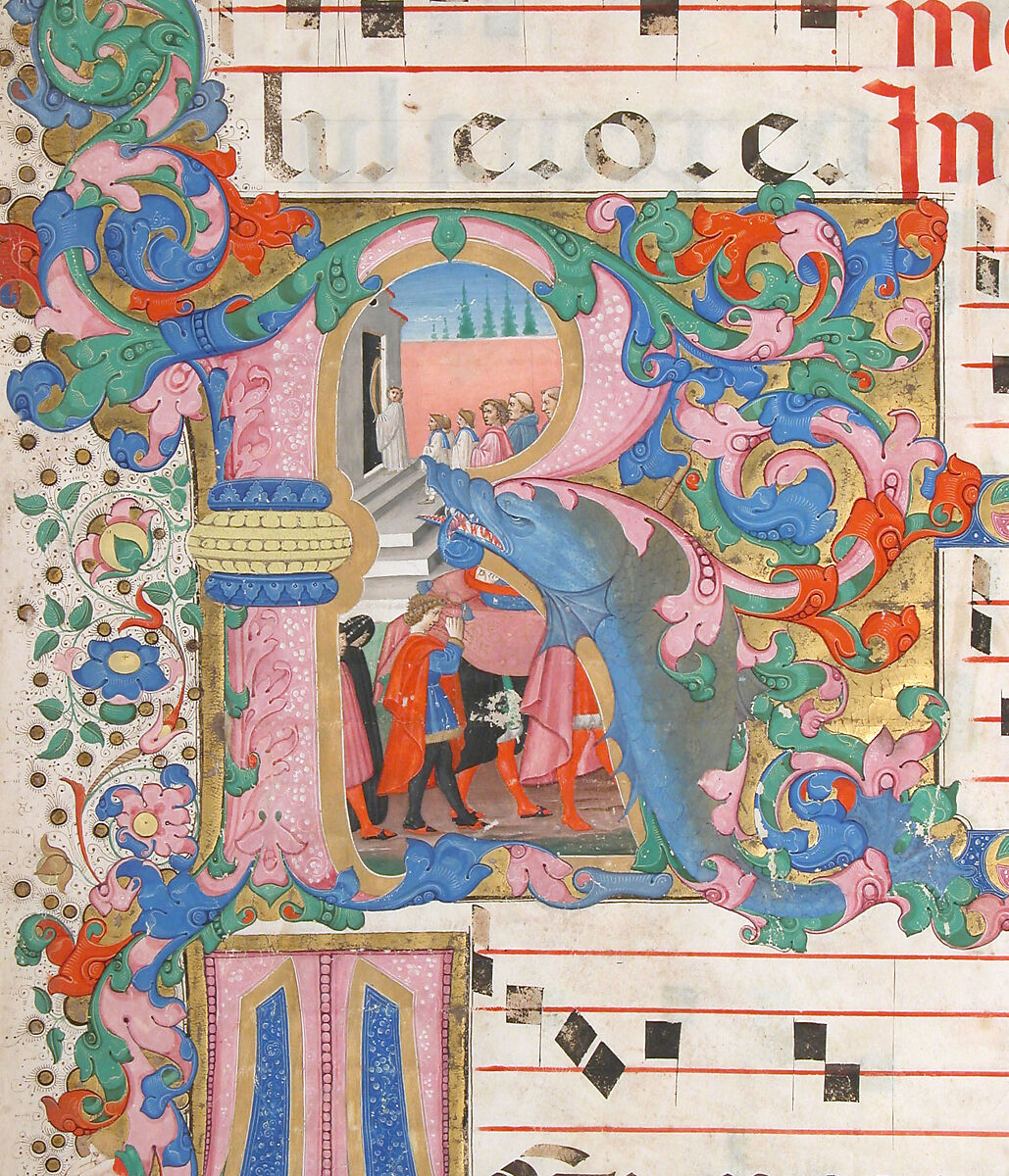 Manuscript Leaf with a Funeral Procession in an Initial R, from a Gradual, Mariano del Buono (Italian, 1433–1504), Tempera, ink, and gold on parchment, Italian