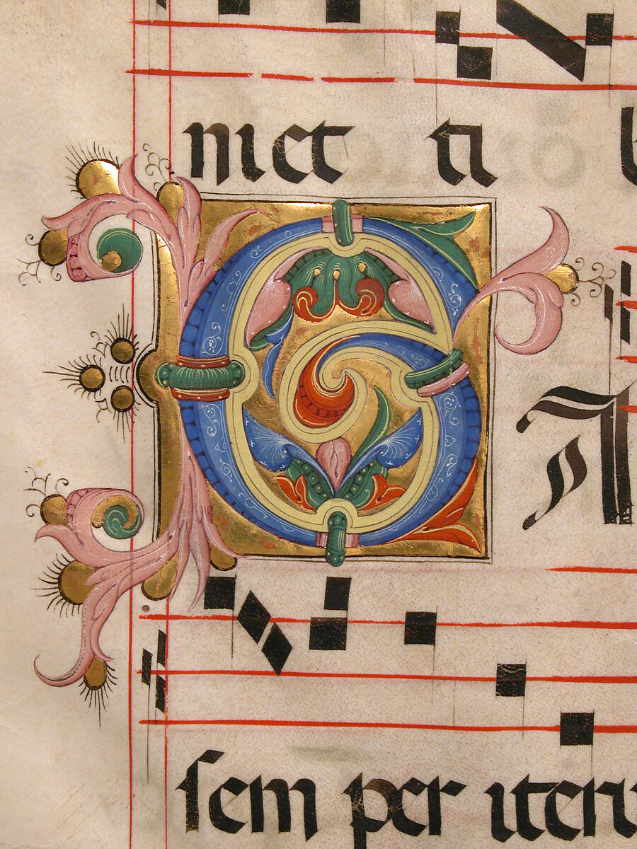 Bifolium with Foliated Initial C, from a Gradual, Tempera, ink, and gold on parchment, Italian