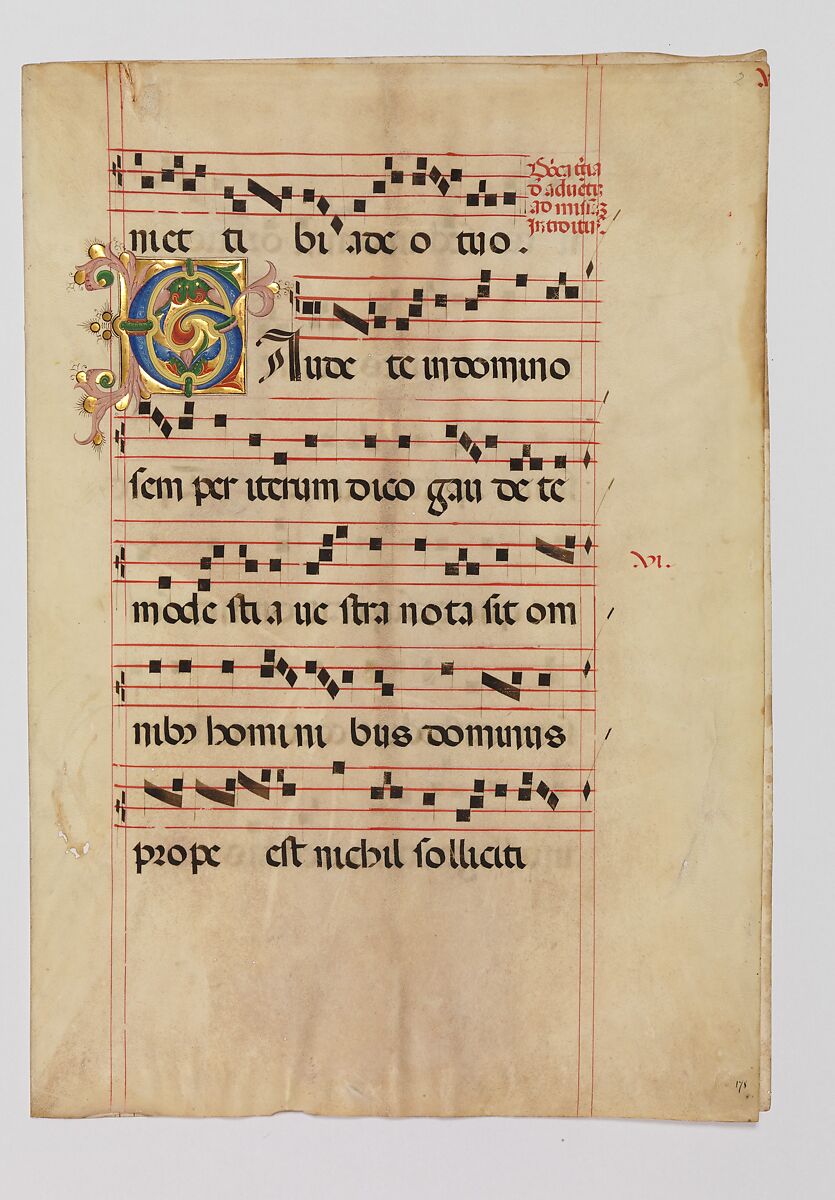 Bifolium with Foliated Initial C, from a Gradual, Tempera, ink, and gold on parchment, Italian 