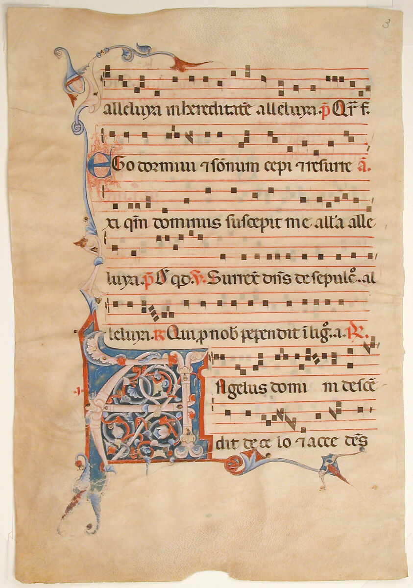 Manuscript Leaf with Foliated Initial A, from an Antiphonary, Tempera, ink, and silver on parchment, Italian