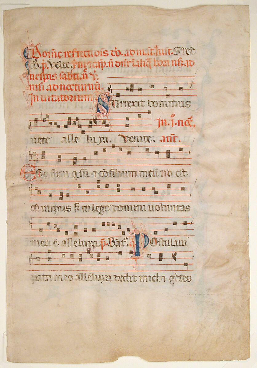 Manuscript Leaf with Foliated Initial A, from an Antiphonary, Tempera, ink, and silver on parchment, Italian
