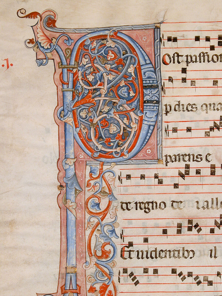 Manuscript Leaf with Foliated Initial P, from an Antiphonary, Tempera, ink, gold, and silver on parchment, Italian