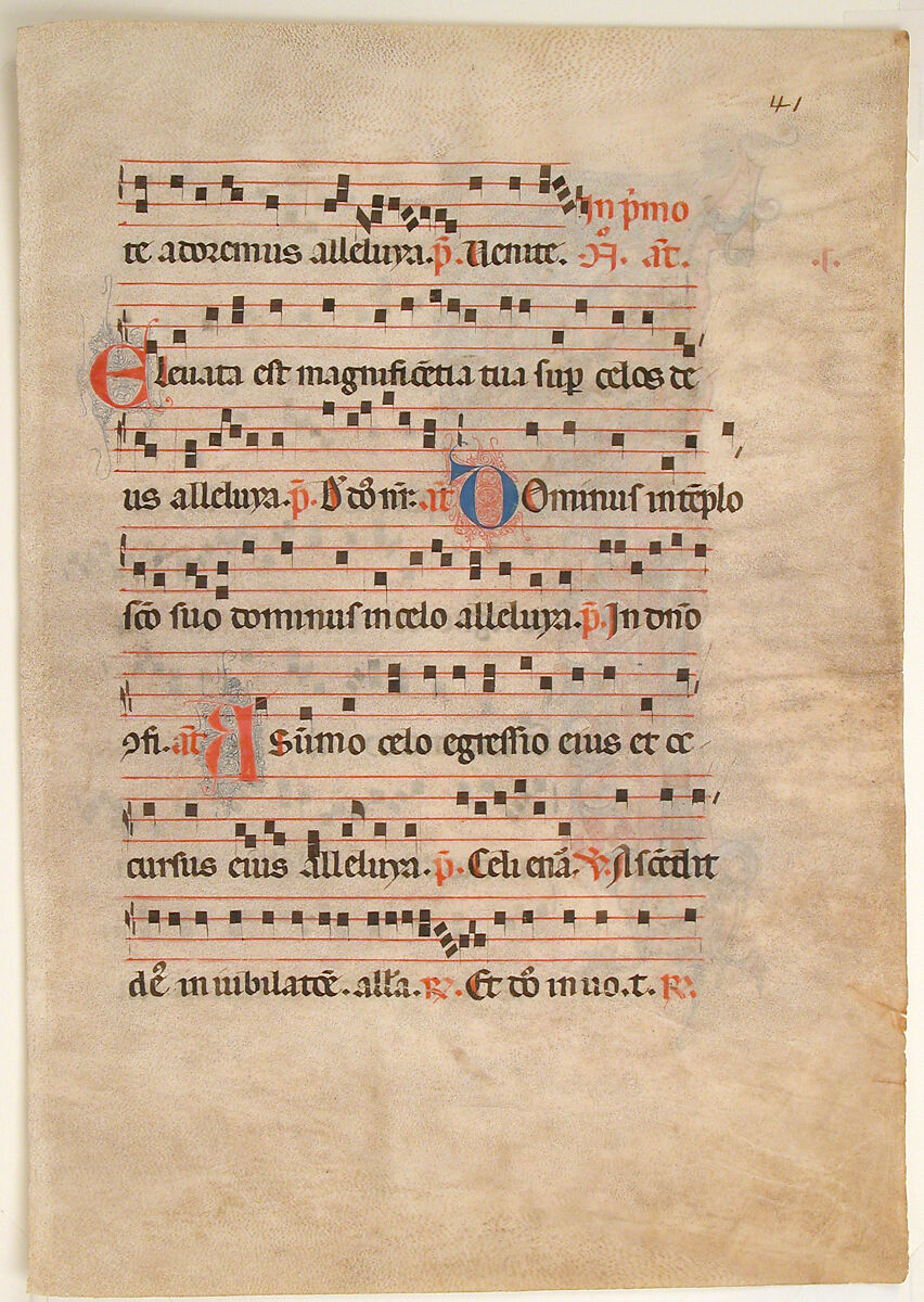 Manuscript Leaf with Foliated Initial P, from an Antiphonary, Tempera, ink, gold, and silver on parchment, Italian