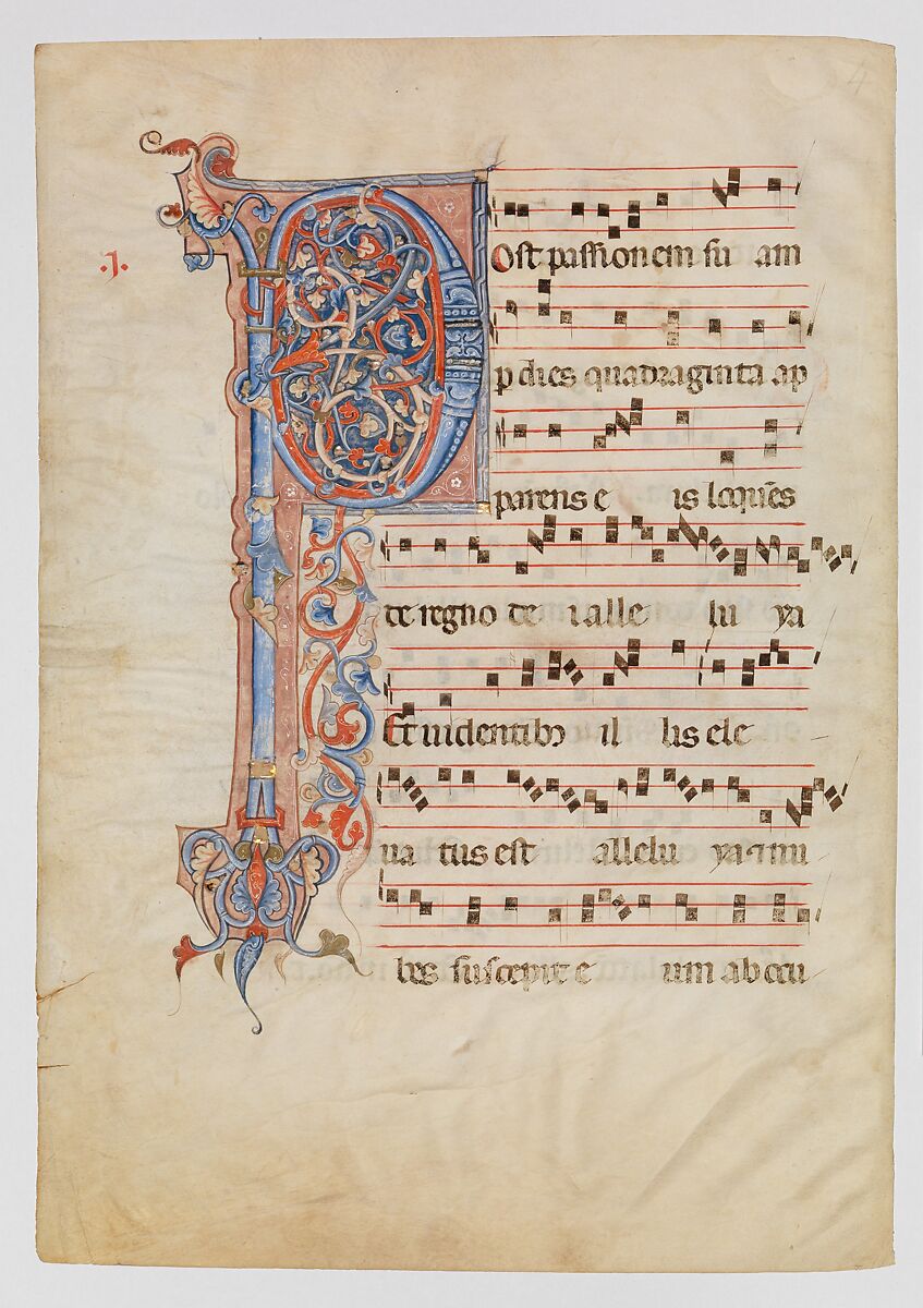 Manuscript Leaf with Foliated Initial P, from an Antiphonary, Tempera, ink, gold, and silver on parchment, Italian 