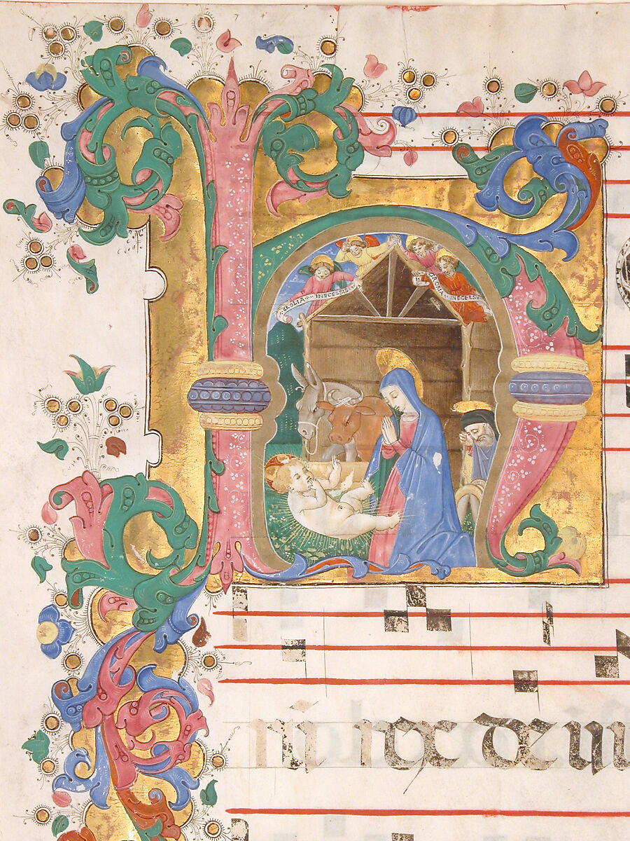 Manuscript Leaf with the Nativity in an Initial H, from an  Antiphonary, Master of the Riccardiana Lactantius, Tempera, ink, and gold on parchment, Italian