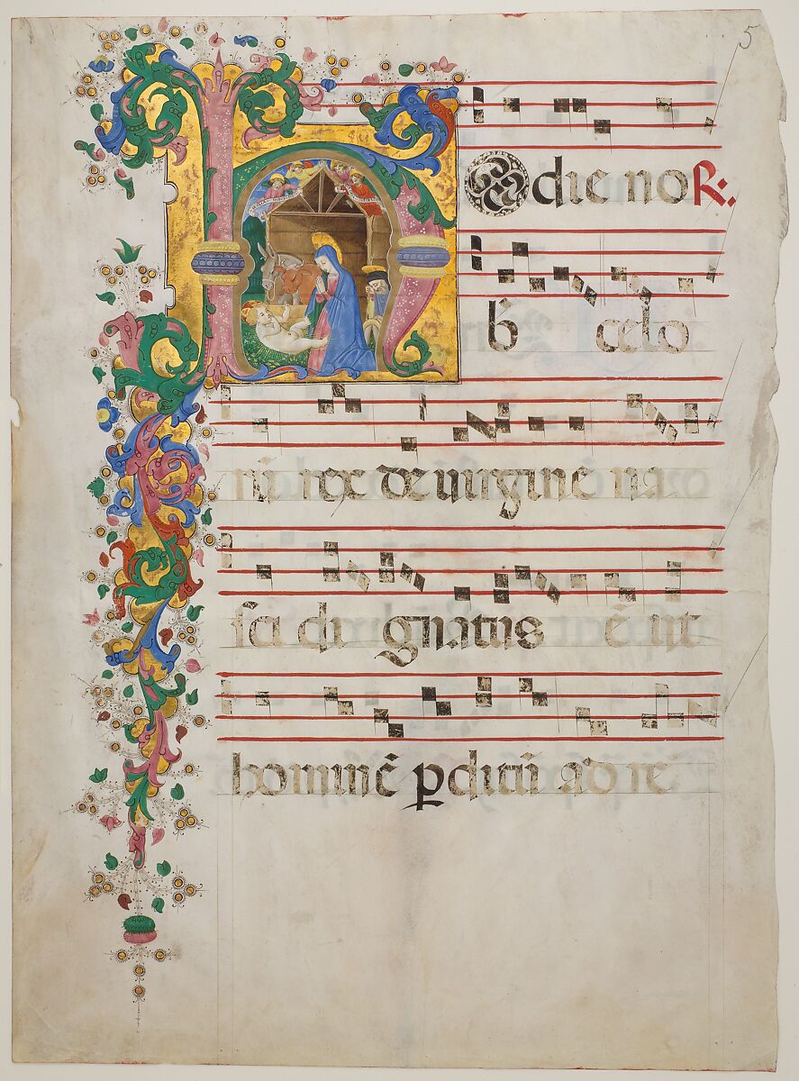 Manuscript Leaf with the Nativity in an Initial H, from an  Antiphonary, Master of the Riccardiana Lactantius, Tempera, ink, and gold on parchment, Italian