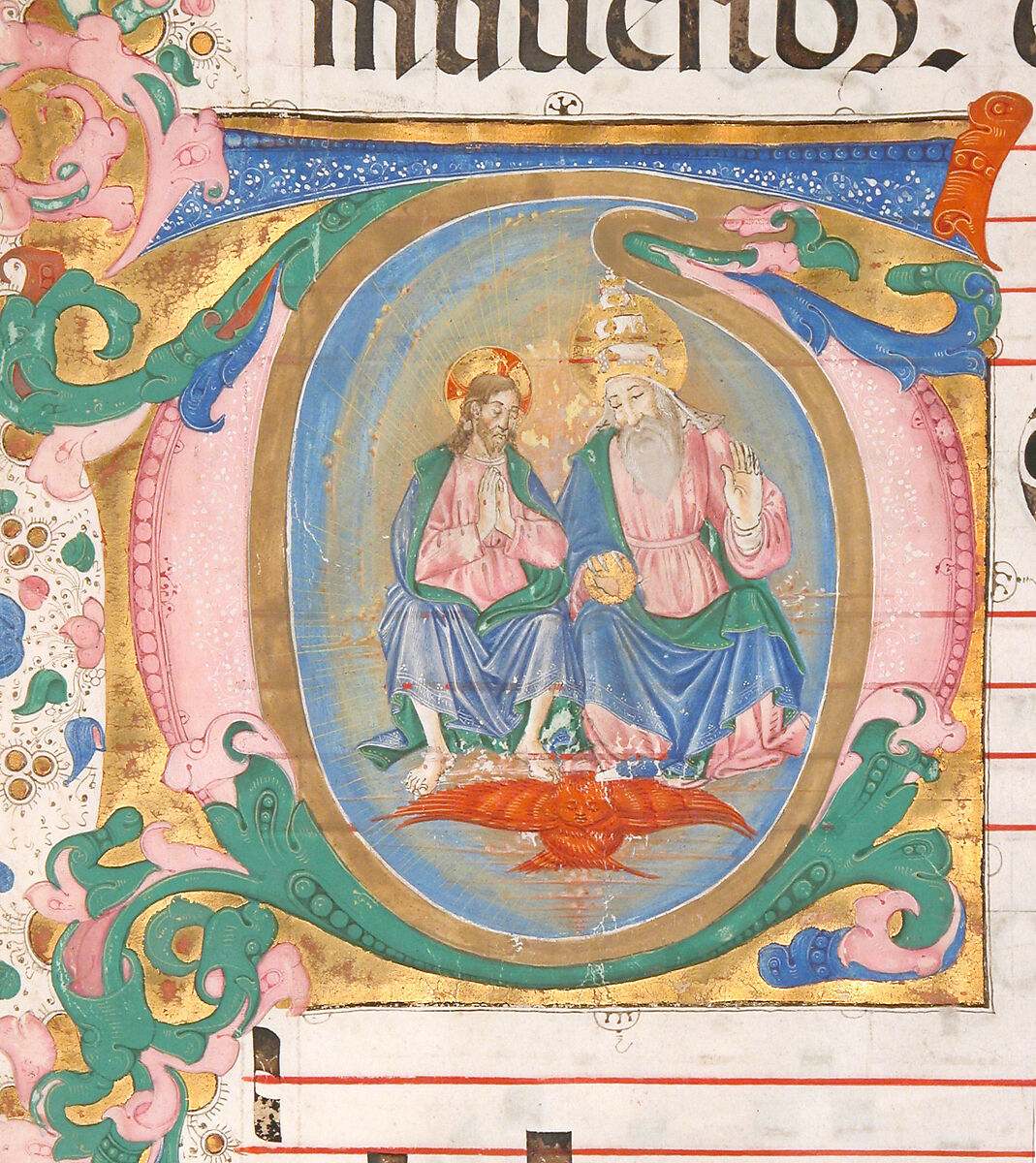 Manuscript Leaf with the Trinity in an Initial T, from an Antiphonary, Master of the Riccardiana Lactantius, Tempera, ink, and gold on parchment, Italian