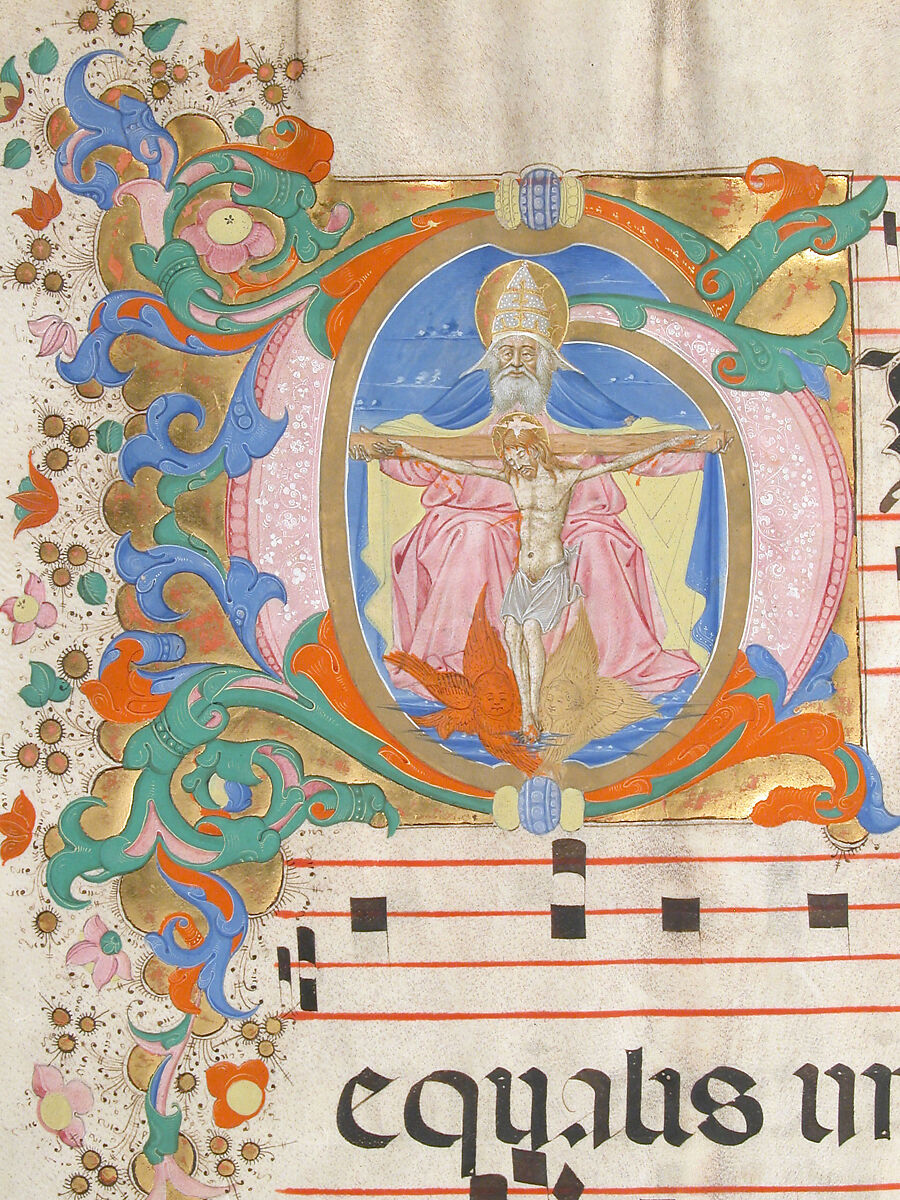 Manuscript Leaf with the Trinity in an Initial G, from an Antiphonary, Master of the Riccardiana Lactantius, Tempera, ink, and gold on parchment, Italian