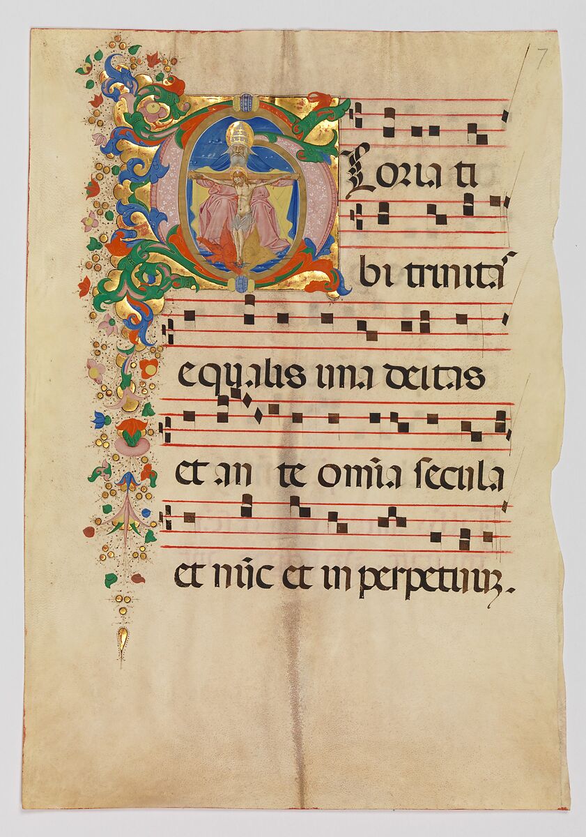 Manuscript Leaf with the Trinity in an Initial G, from an Antiphonary, Master of the Riccardiana Lactantius, Tempera, ink, and gold on parchment, Italian 