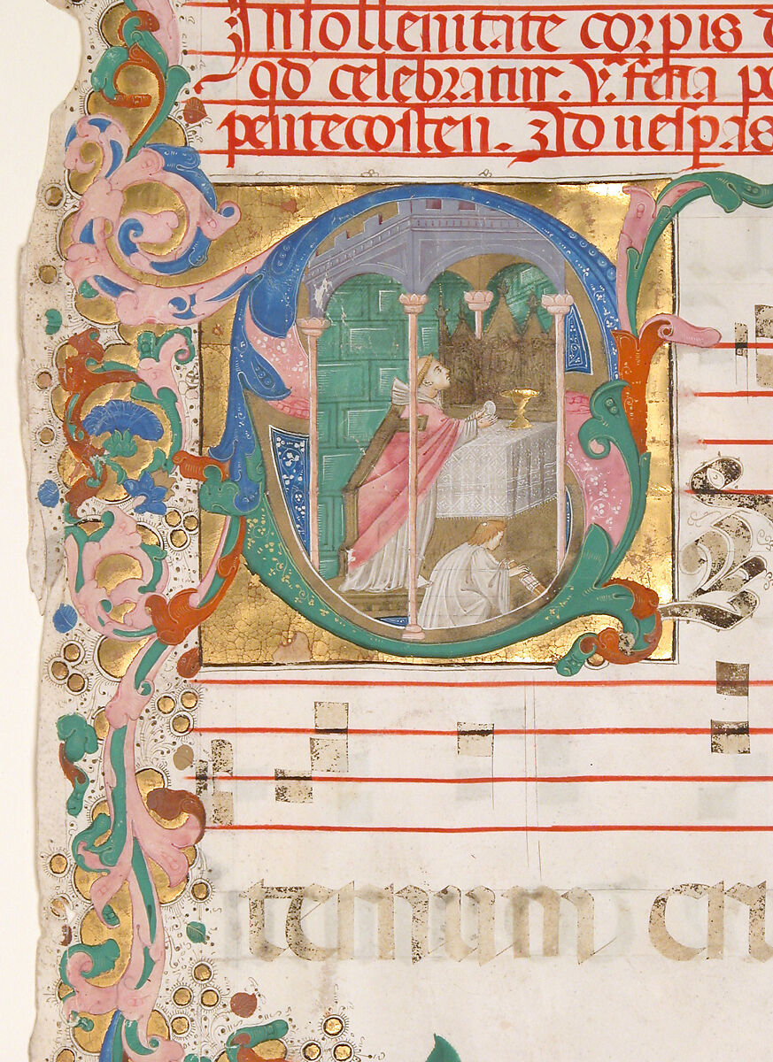 Manuscript Leaf with the Celebration of a Mass in an Initial S, from an Antiphonary, Master of the Riccardiana Lactantius, Tempera, ink, and gold on parchment, Italian