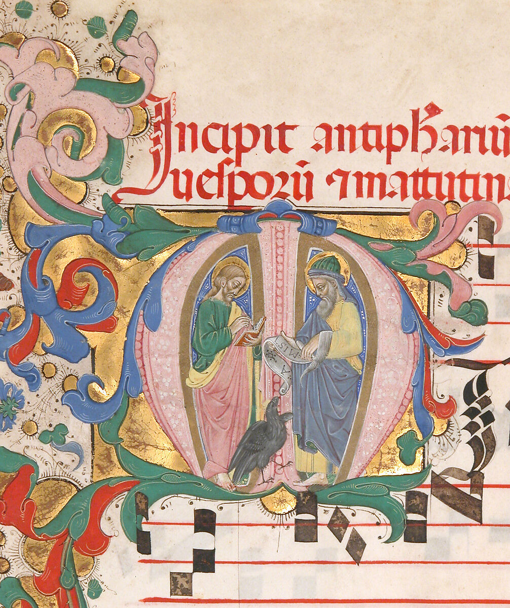 Manuscript Leaf with Saint John the Evangelist and Saint John the Baptist in an Initial M, from an Antiphonary, Master of the Riccardiana Lactantius, Tempera, ink, and gold on parchment, Italian