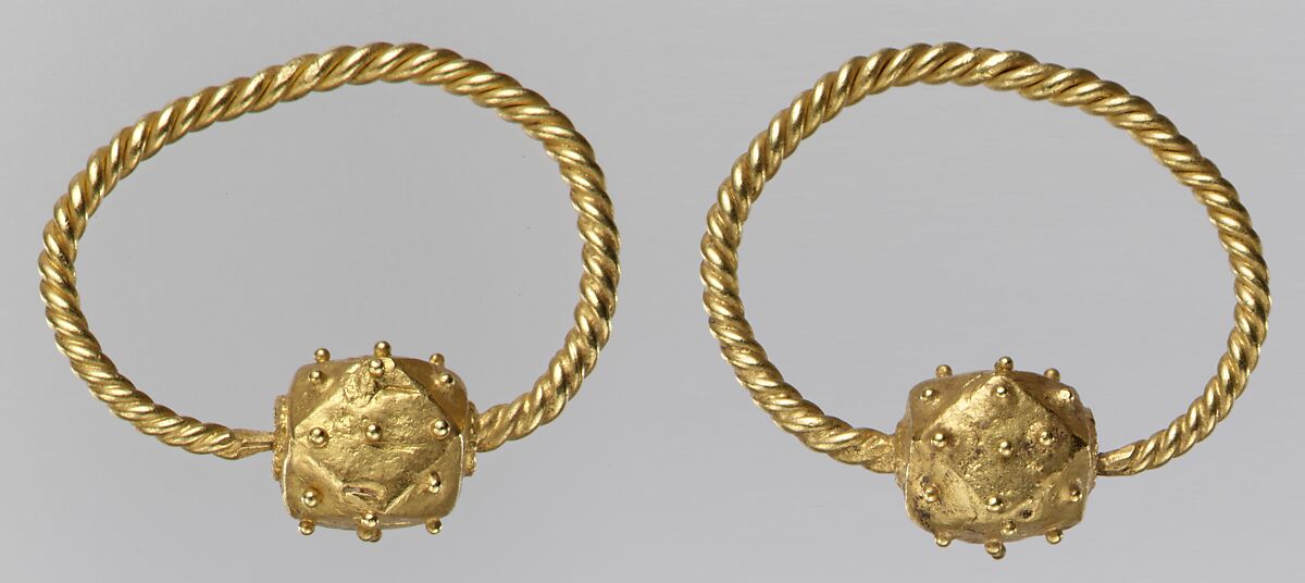 Gold Earring, Pendant: gold - sheet; granulation.  Suspension Loop: gold; wire - rope., Ostrogothic (?)
