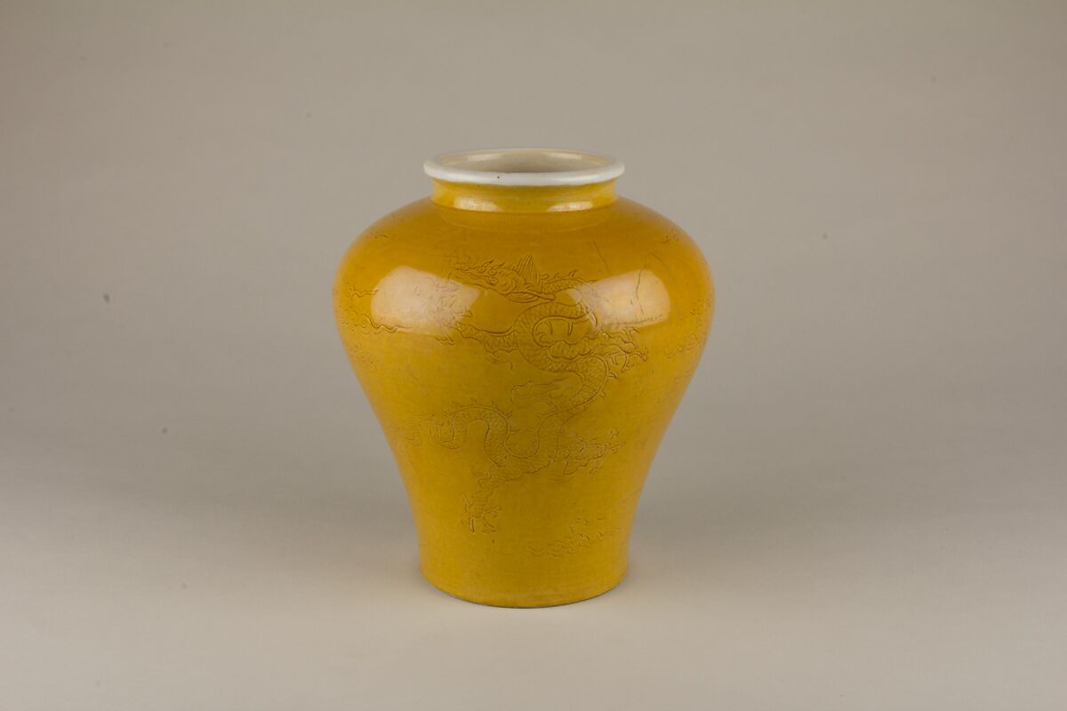 Jar with dragon and phoenix, Porcelain with incised decoration under yellow glaze (Jingdezhen ware), China 