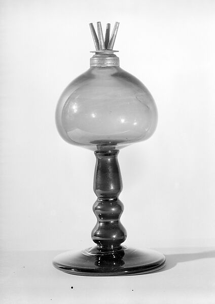 Lamp, Free-blown green glass, tin, American 