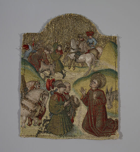 Saint Martin and the Repentant Horsemen, Silk and gold embroidery on linen, Franco-Flemish 