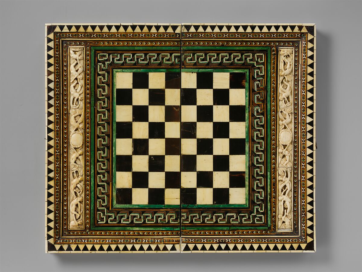 Game Board, Bone, wood, horn, stain and gilding over wood core with metal mounts, Italian 