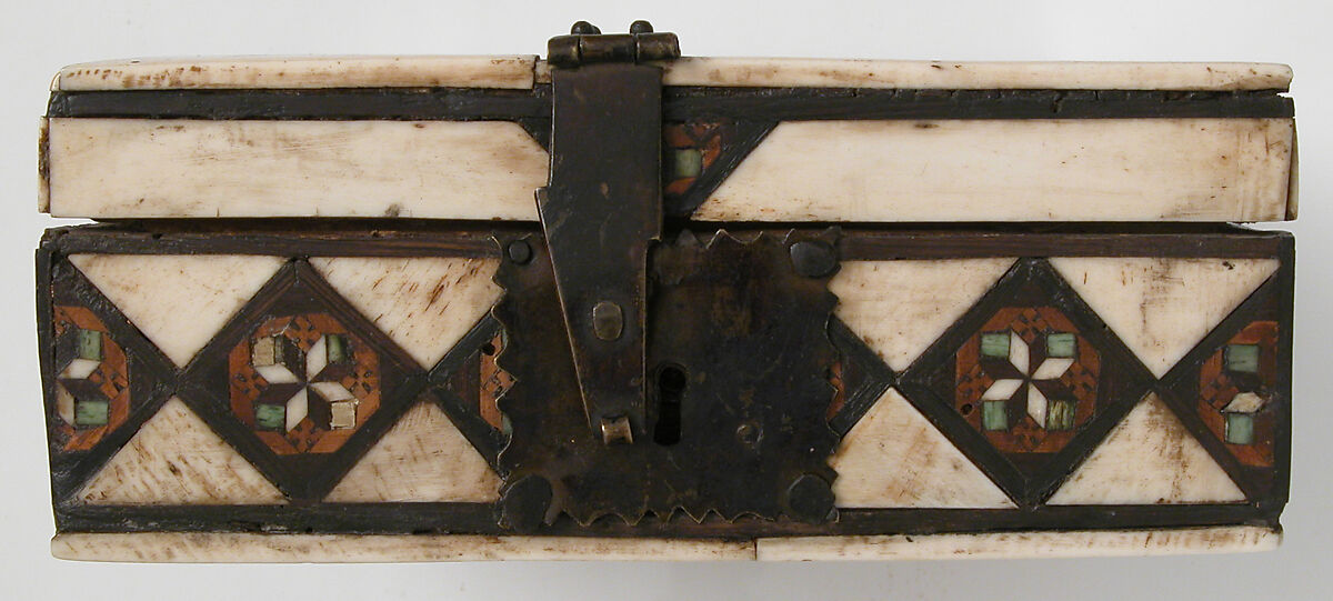 Game Box, Bone, wood, stain over wood core with paper and textile lining, metal mounts, Italian