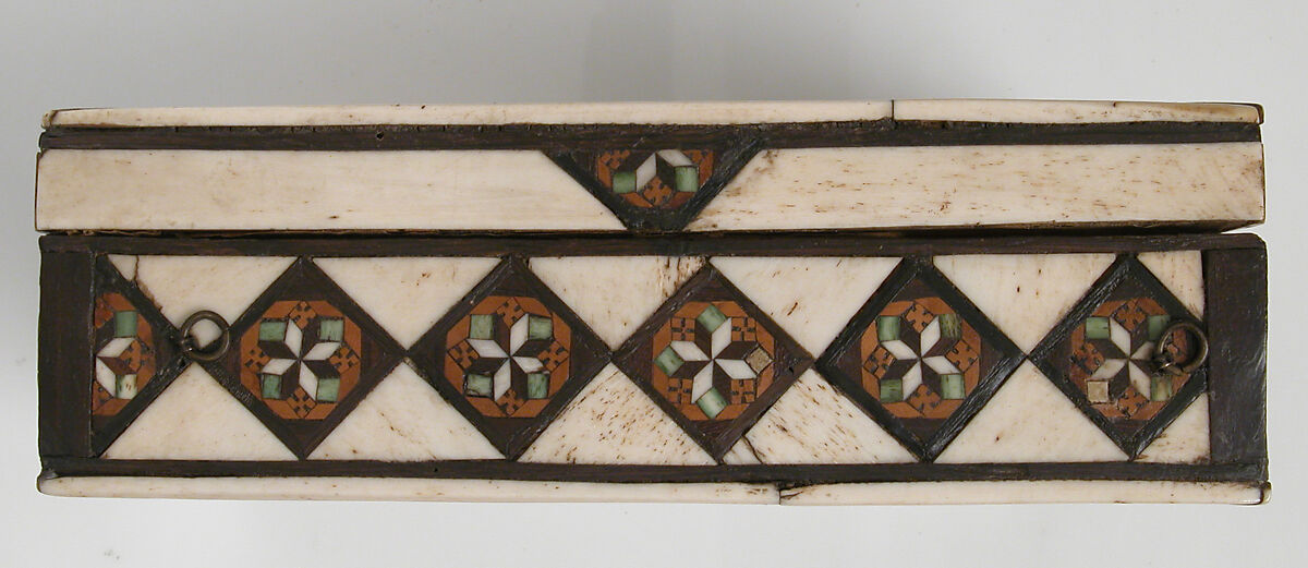 Game Box, Bone, wood, stain over wood core with paper and textile lining, metal mounts, Italian
