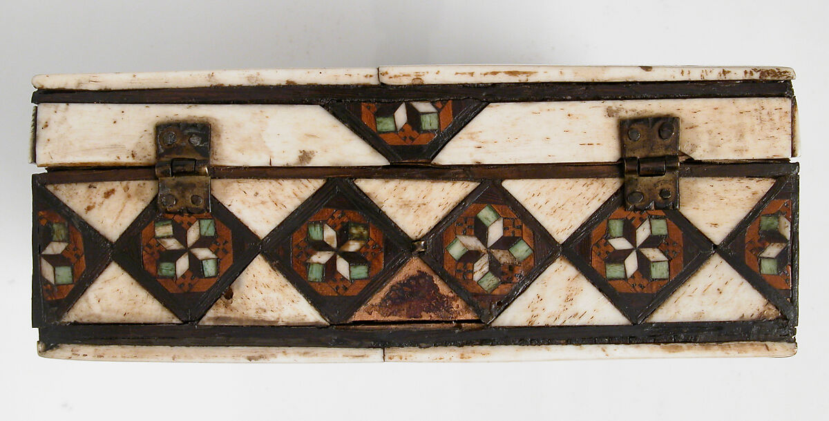 Game Box, Bone, wood, stain over wood core with paper and textile lining, metal mounts, Italian