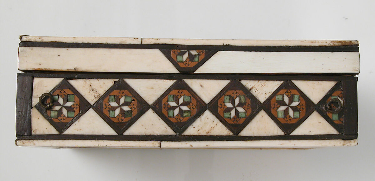 Game Box, Bone, wood, stain over wood core with paper and textile lining, metal mounts, Italian