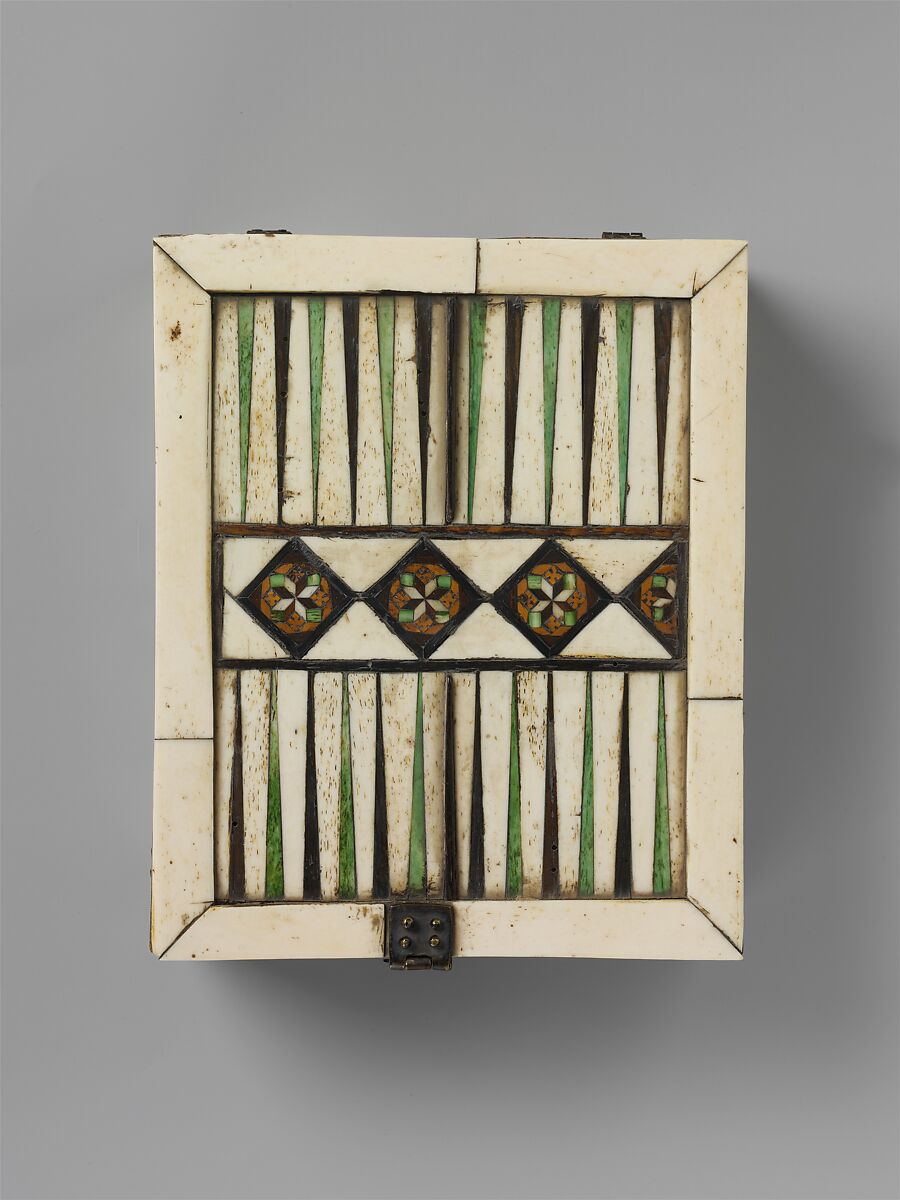 Game Box, Bone, wood, stain over wood core with paper and textile lining, metal mounts, Italian