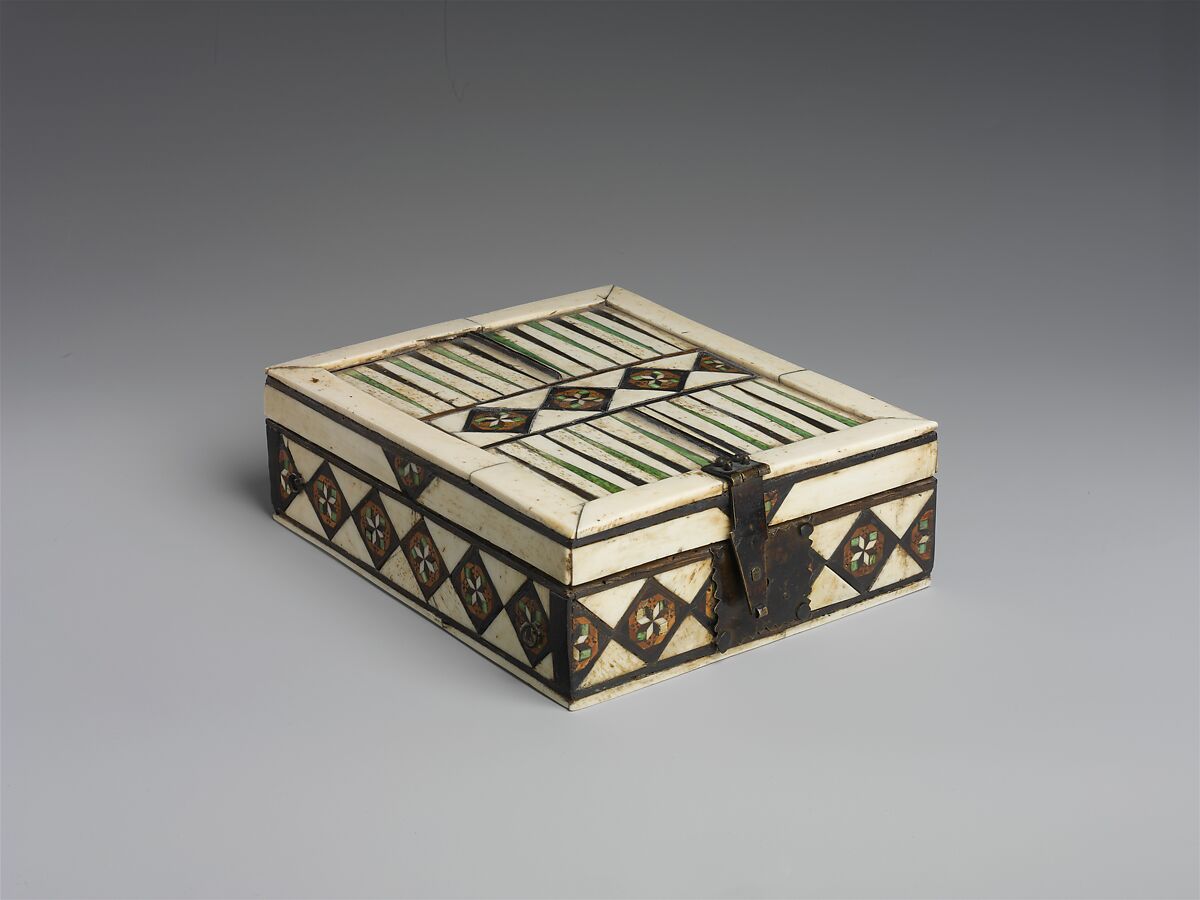 Game Box, Bone, wood, stain over wood core with paper and textile lining, metal mounts, Italian 