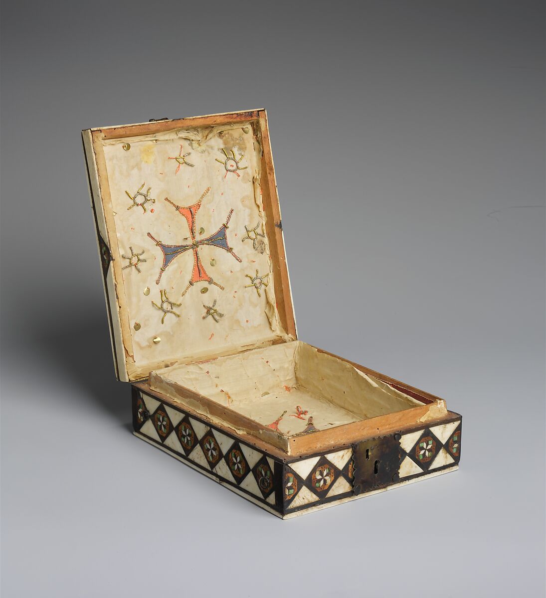 Game Box, Bone, wood, stain over wood core with paper and textile lining, metal mounts, Italian