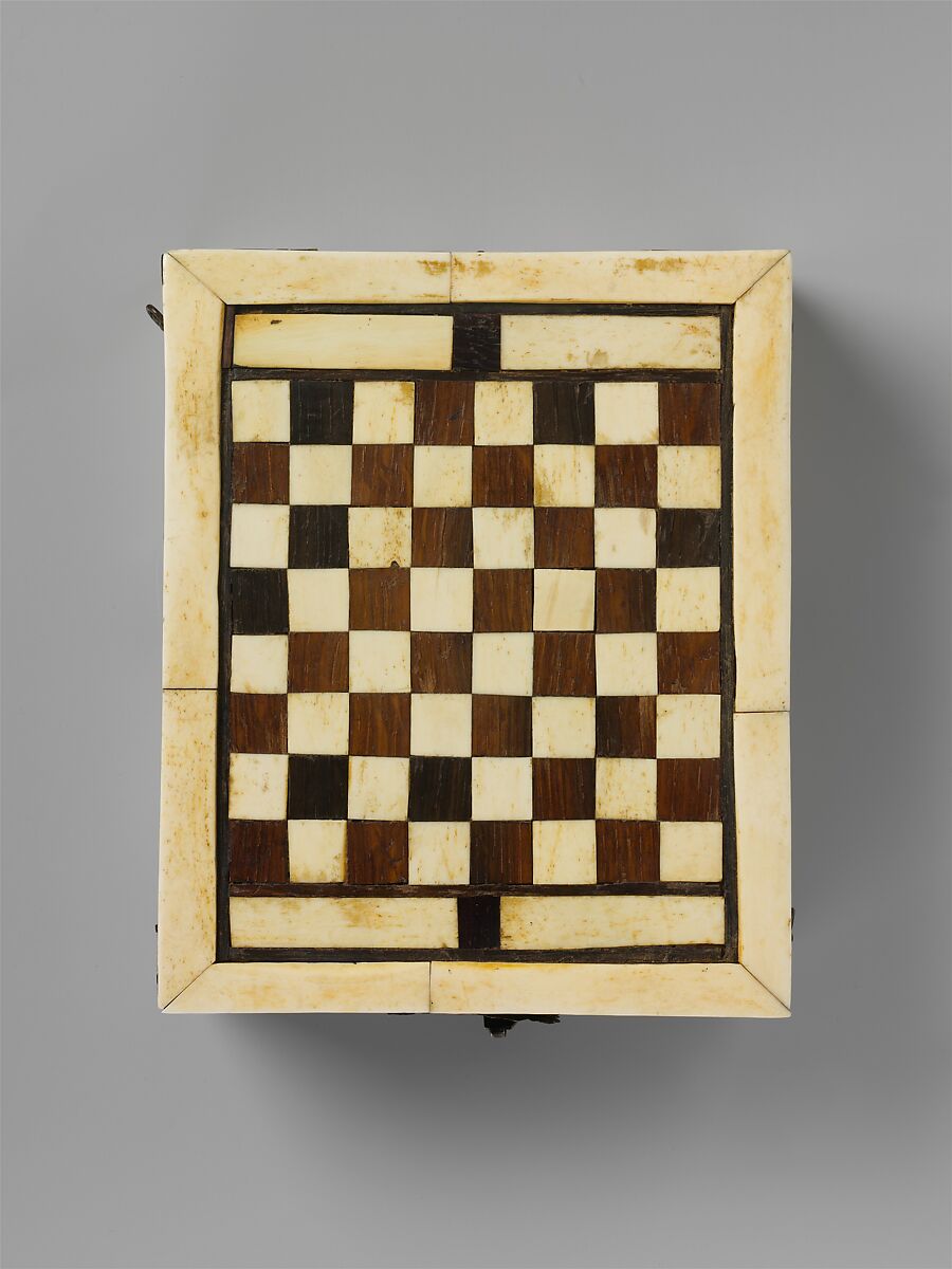 Game Box, Bone, wood, stain over wood core with paper and textile lining, metal mounts, Italian