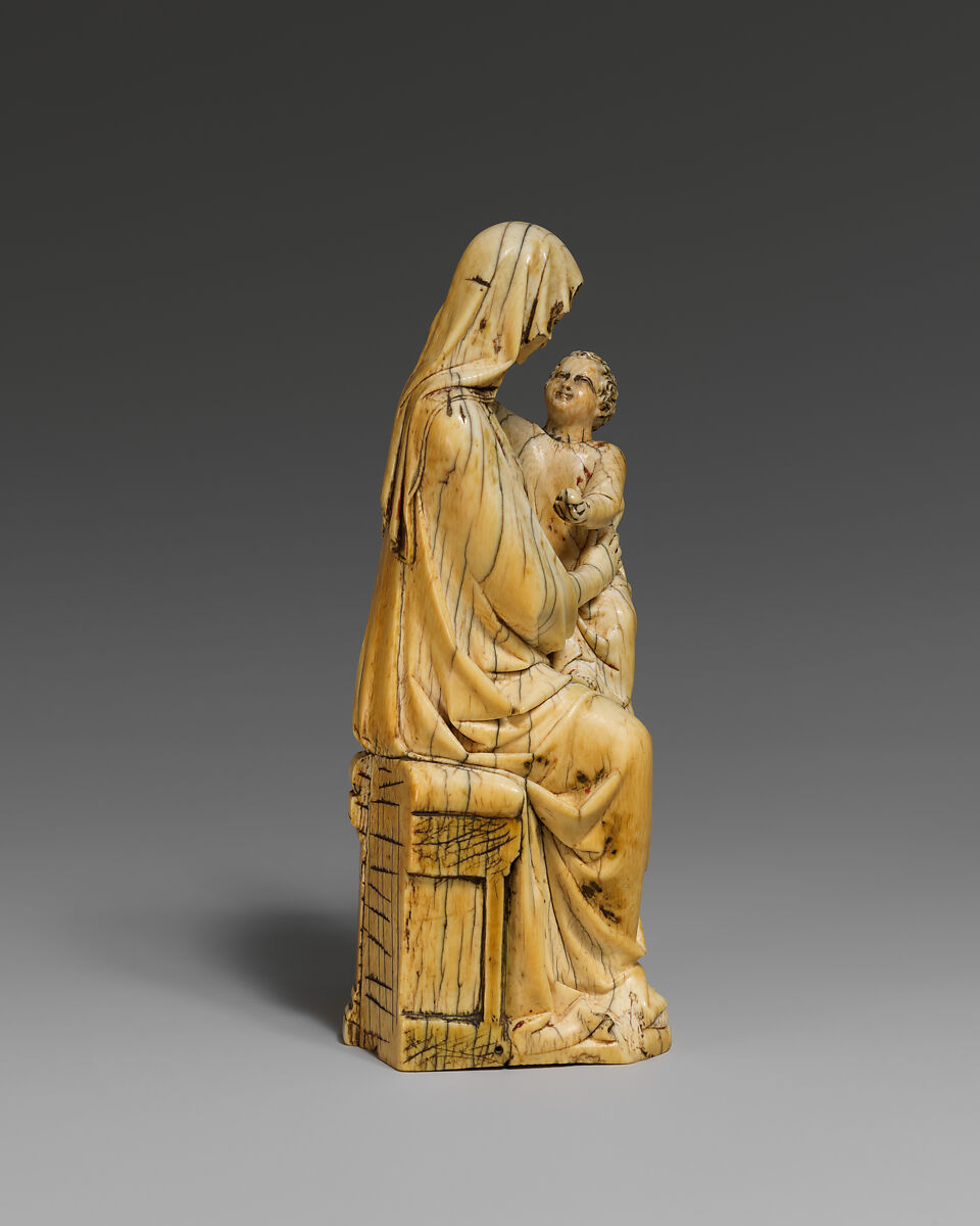Enthroned Virgin and Child, Elephant ivory with traces of paint and gilding, French