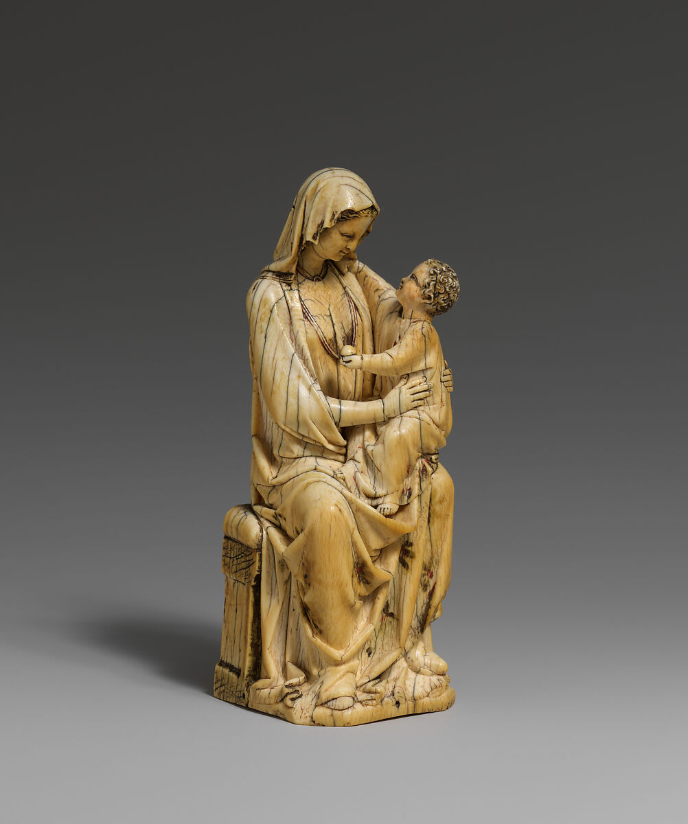Enthroned Virgin and Child, Elephant ivory with traces of paint and gilding, French
